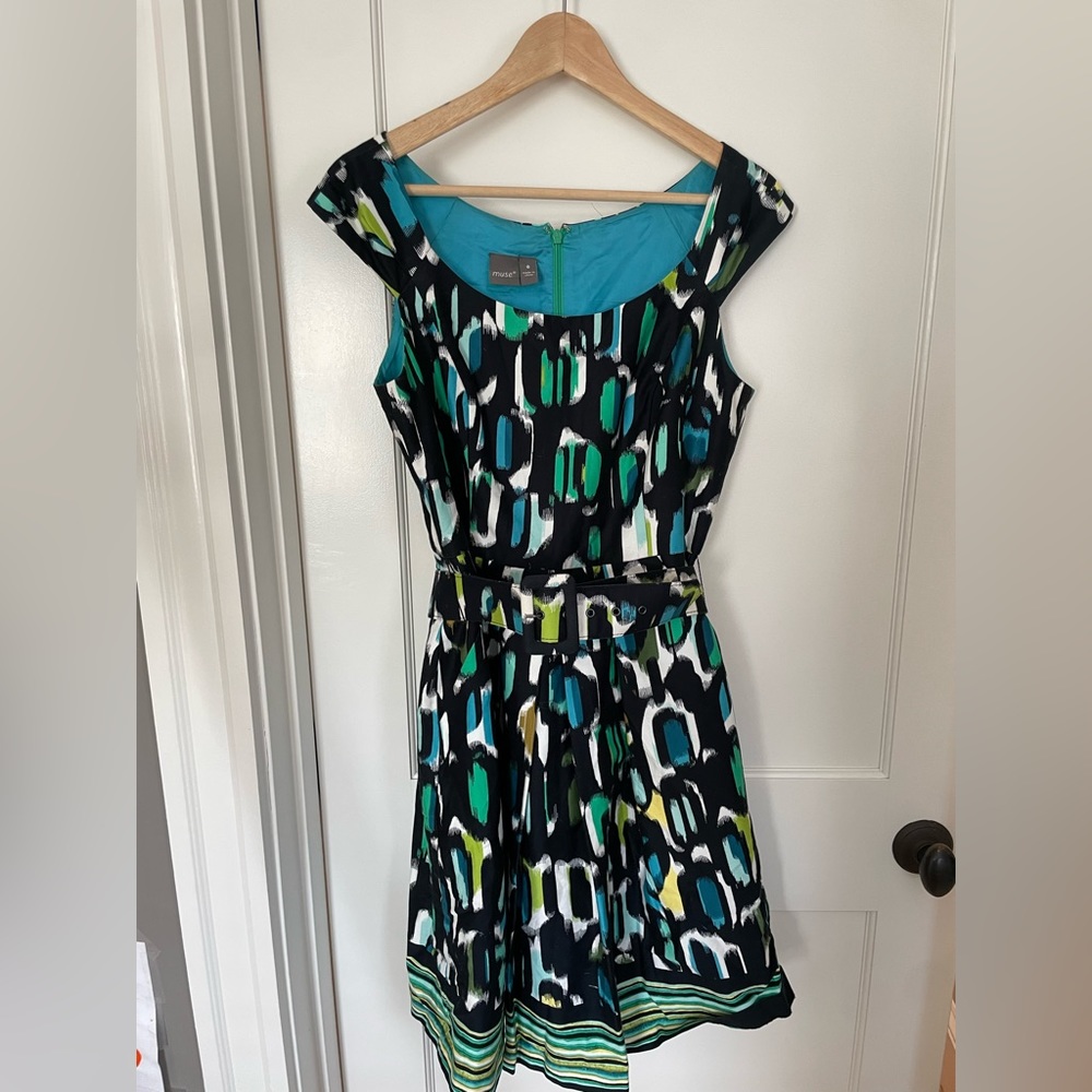 Charming belted dress with pockets! Full skirt.